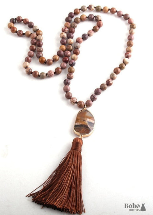 Boho Necklace, RH Rose Quart Amazonite, Oval Tassel Pink Natural Stone
